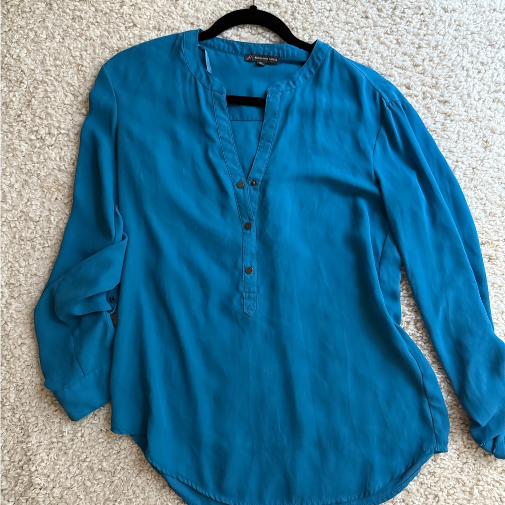 Adrianna Papell Blue Long Sleeve Blouse with Mandarin Collar